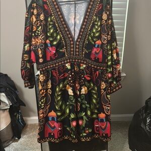 SHEIN Red and Green Plunge Neck 3/4 Sleeve Dress